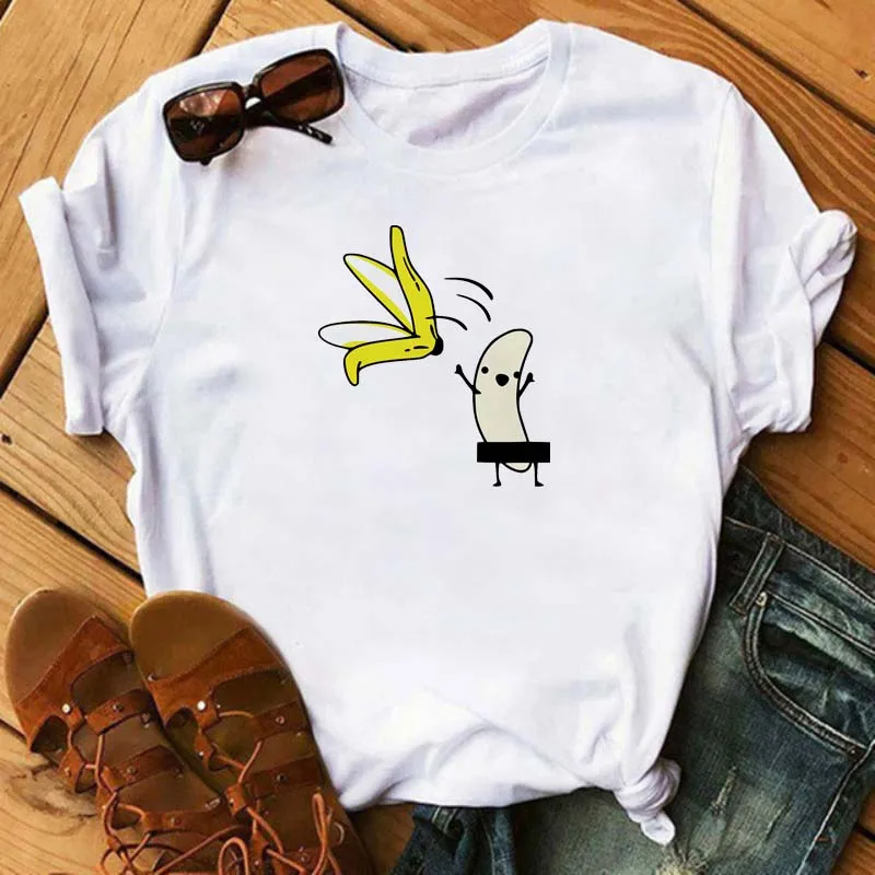 Funny Fruits T Shirt Women Fashion Banana Print White T-shirt Harajuku Sleeves Top Shirt Femme Harajuku Sleeve Aesthetic Clothes