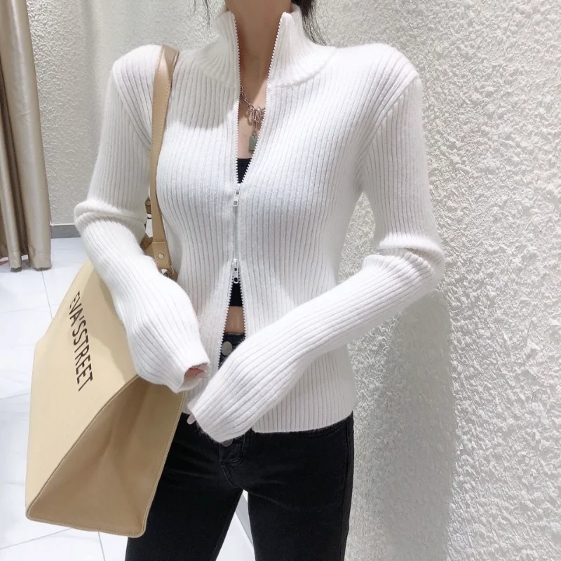 Temperament Wide Shoulder Zipper Sweater Water Wave Sleeve Knit Short Cardigan Top Women\'s Autumn New Retro Versatile Slim Coats