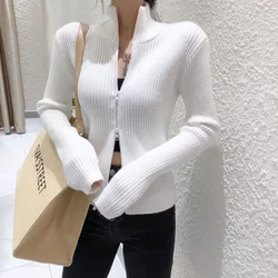 Temperament Wide Shoulder Zipper Sweater Water Wave Sleeve Knit Short Cardigan Top Women's Autumn New Retro Versatile Slim Coats