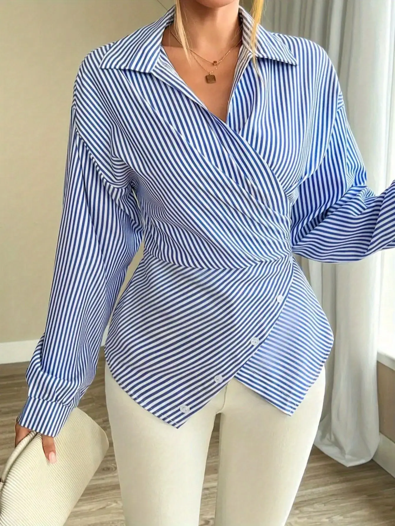 New women's clothing - fashionable vertical stripe wrap-around fitted waist-shaping slimming comfortable long-sleeved shirt