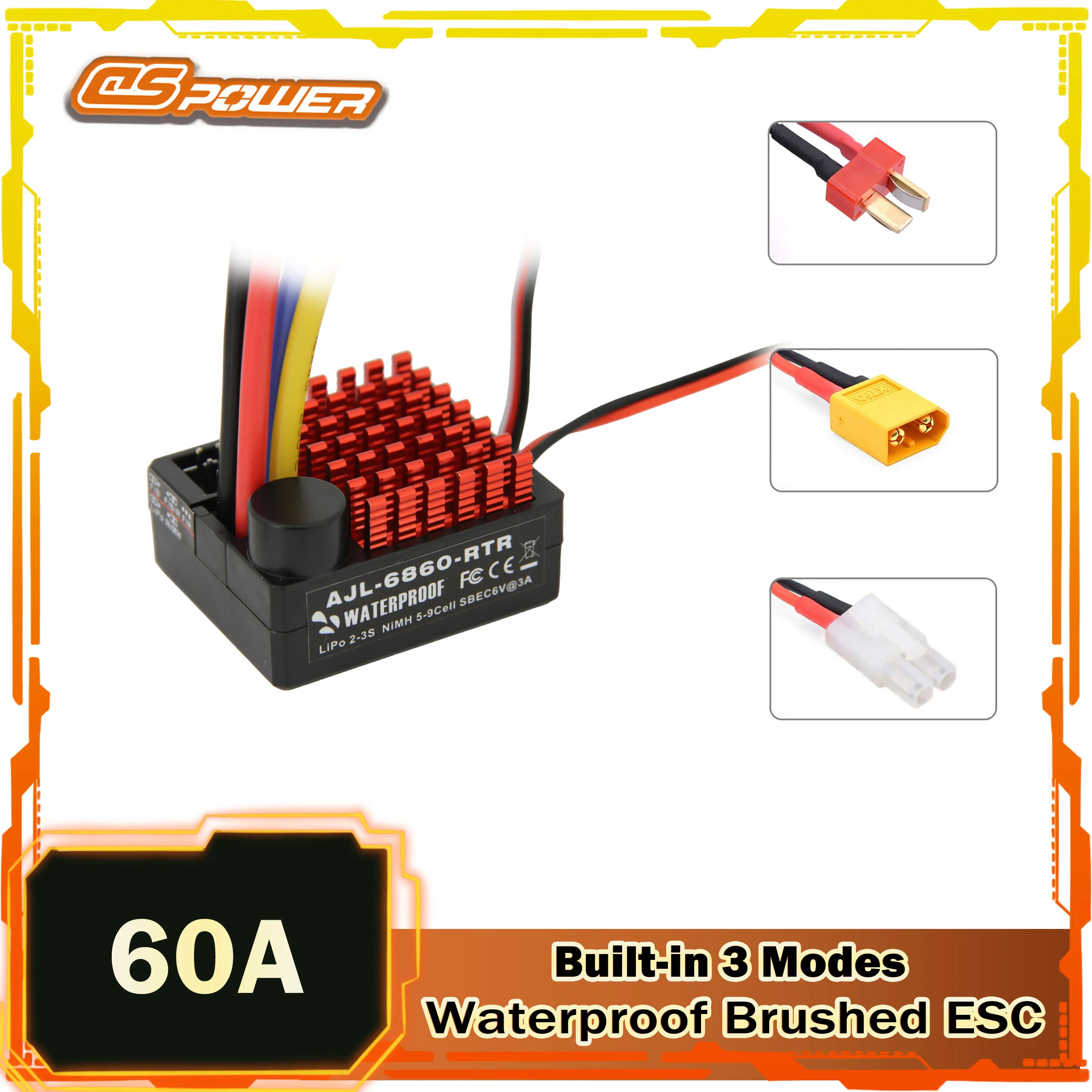 Waterproof 60A Brushed ESC 6V/3A BEC Built-in 3 Modes 2-3S T/XT60/Tamiya for RC Model Car Vehicles Boat Tanks 540/550/750 Motors