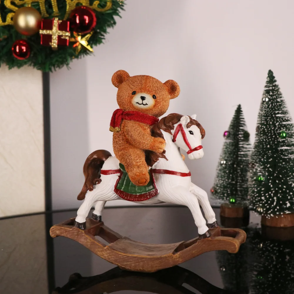 Cute Bear Riding Rocking Horse Statue For Christmas Decoration Resin Rocking Horse Sculpture Home Holiday Party Ornaments