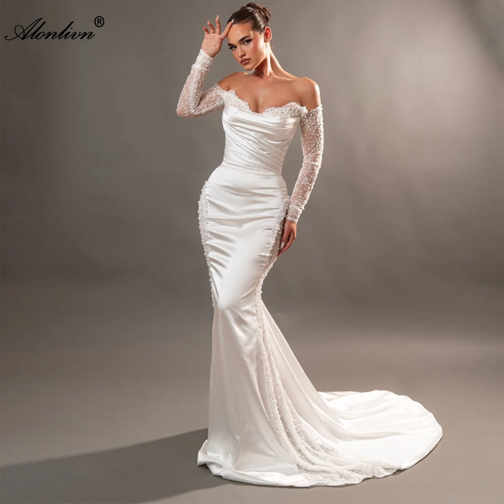 

Alonlivn Custom Made Soft Satin Sweetheart Mermaid Wedding Dress Off Shoulder Full Sleeves Beading Pearls Trumpet Bridal Gowns