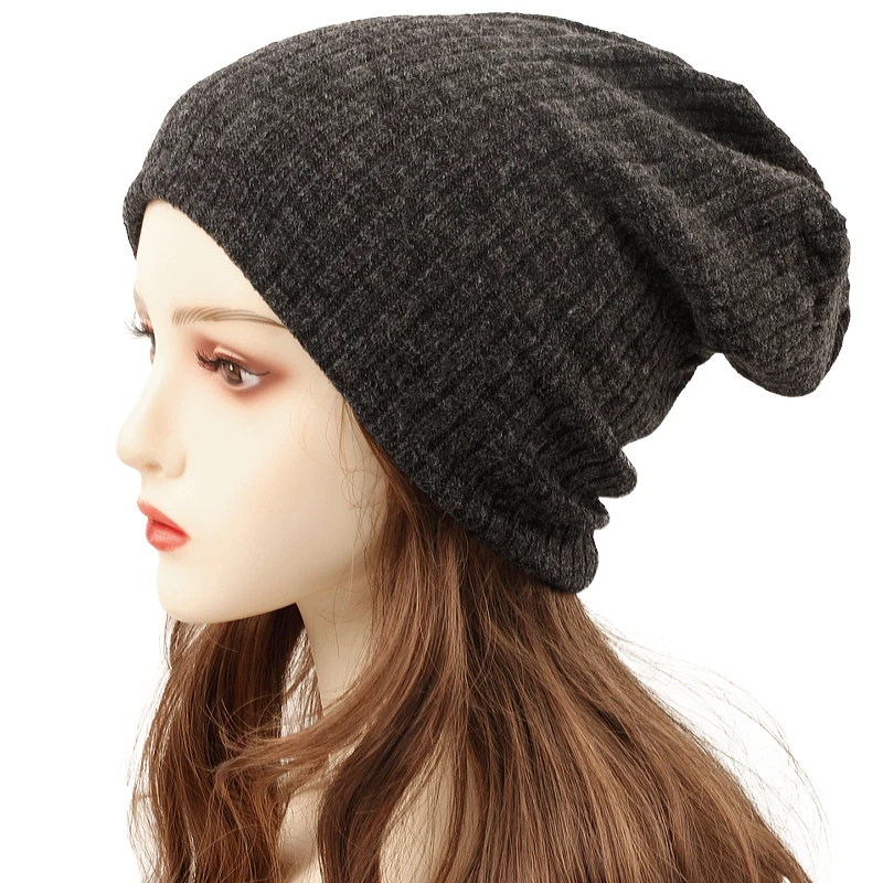 Geebro Winter Women Casual Solid Color Striped Skullies Beanies Femme Soft Slouchy Knitted Ribbed Caps Ladies Baggy Knit Hats