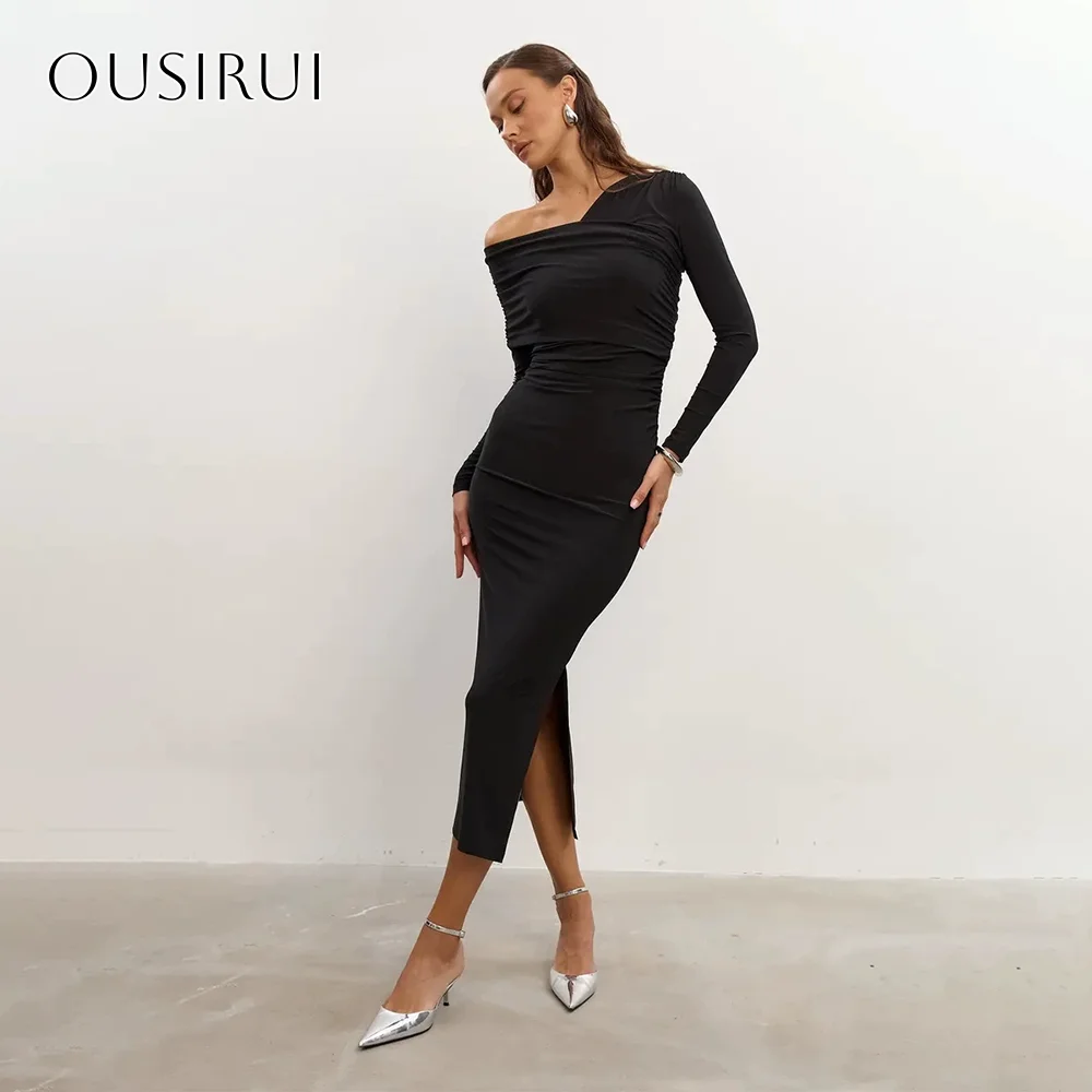 

Off Shoulder Satin Sheath Cocktail Dresses Tea Length Long Sleeves Customized Pleated платье вечернее