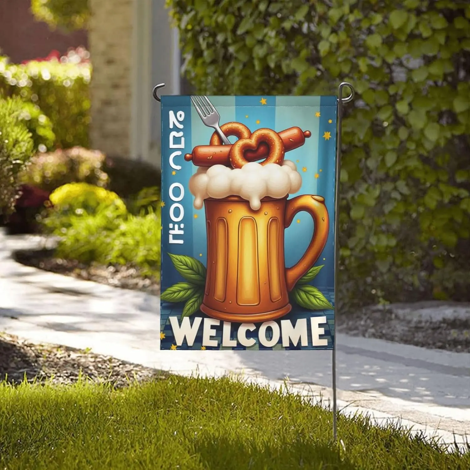 Welcome Oktoberfest Garden Flag 12x18 Inch Double Sided Beer Stein Pretzel Sausage Yard Flag Outdoor Decor Seasonal Farmhous EEZ