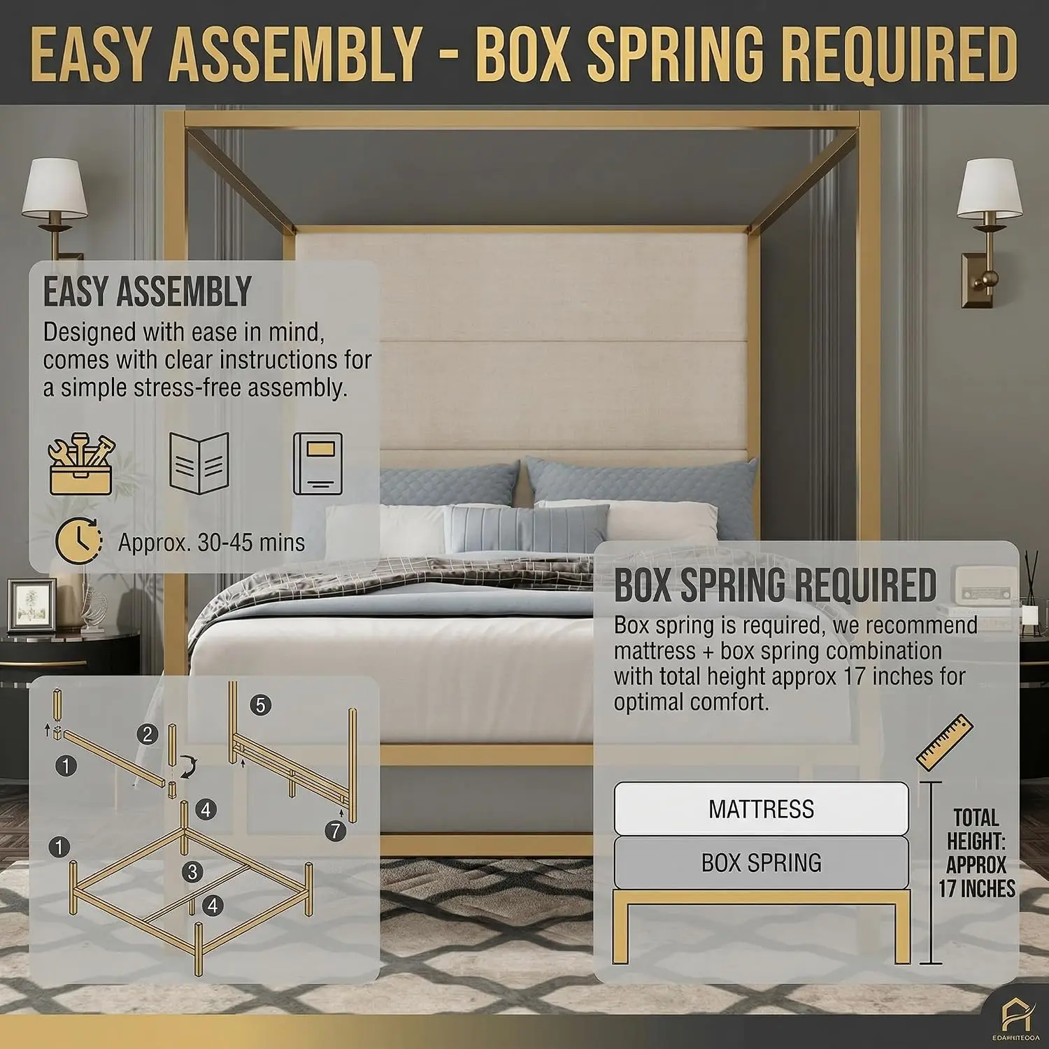Queen Canopy Bed Frame with Linen Headboard & 4-Poster Metal Frame, Customized - view 6