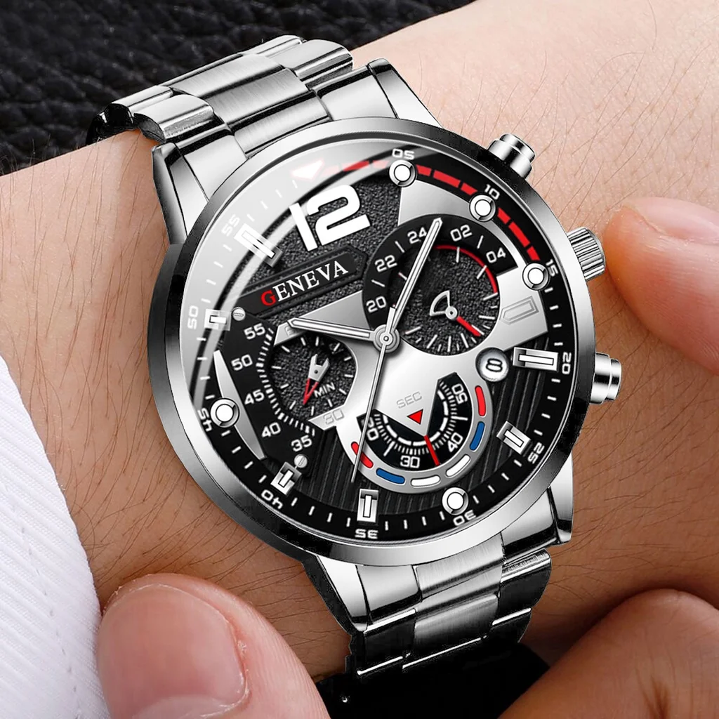 4pcs/set Fashion Men\'s Watches Silver Steel Band Quartz Watch Male Business Watches Jewelry Set（Without Box）