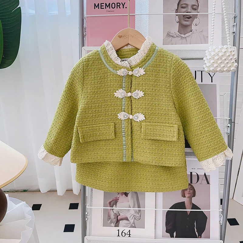 Spring and Autumn Girls' Set 2025 New Lace Lace Coat Half Body Skirt for Baby Girls, Small Fragrant Style Two Piece Set