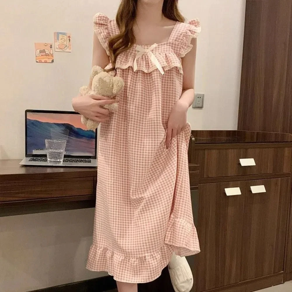 

Casual Lace Ruffle Women's Grid Pajama Dress Sweet Loose Sleeveless Nightdress Bowknot Sleepwear Nightgowns with Pads Girls