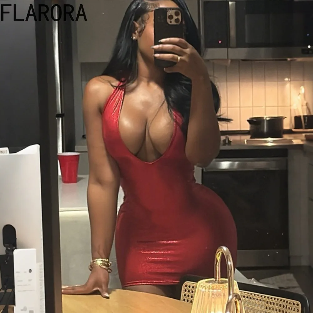 

FLARORA Sexy Deep V Neck Mini Dress Woman Halter Sleeveless Backless Skinny Peach Hip Dresses Hot Girl Midnight Party Clubwear