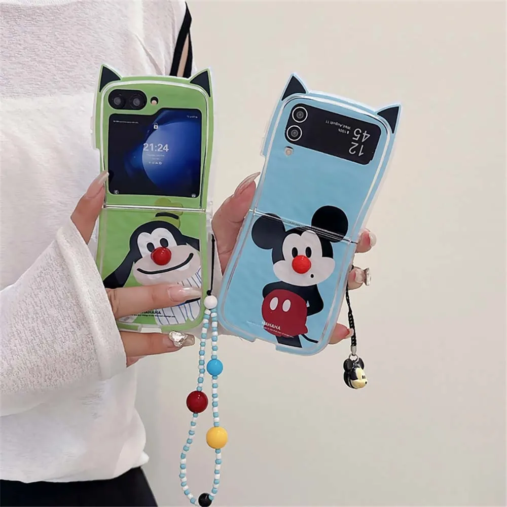 Cute Cartoon Mickey Goofy Goof 3D Cat Ear With pendant Phone Case for Samsung Galaxy Z Flip 3 4 5 6 5G PC Hard Back Cover Funda