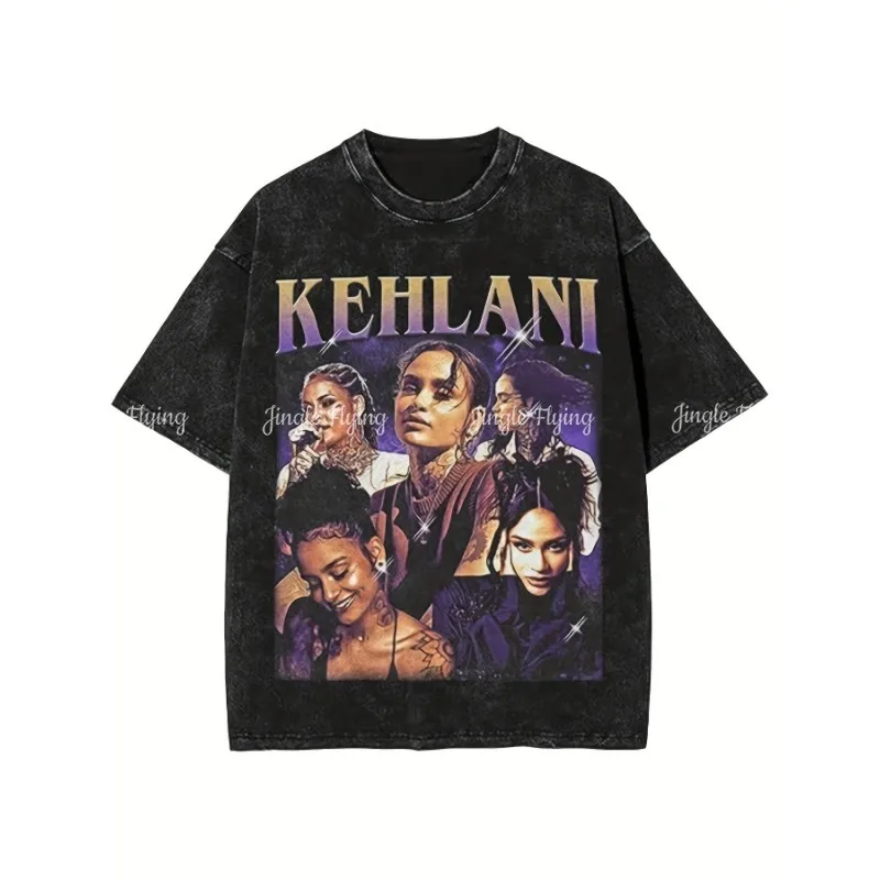 Kehlani Unisex Übergroßes Vintage-T-Shirt, schwarzes Grafik-T-Shirt mit gelbem Schriftzug, künstlerische Porträts, geometrischer Digitaldruck