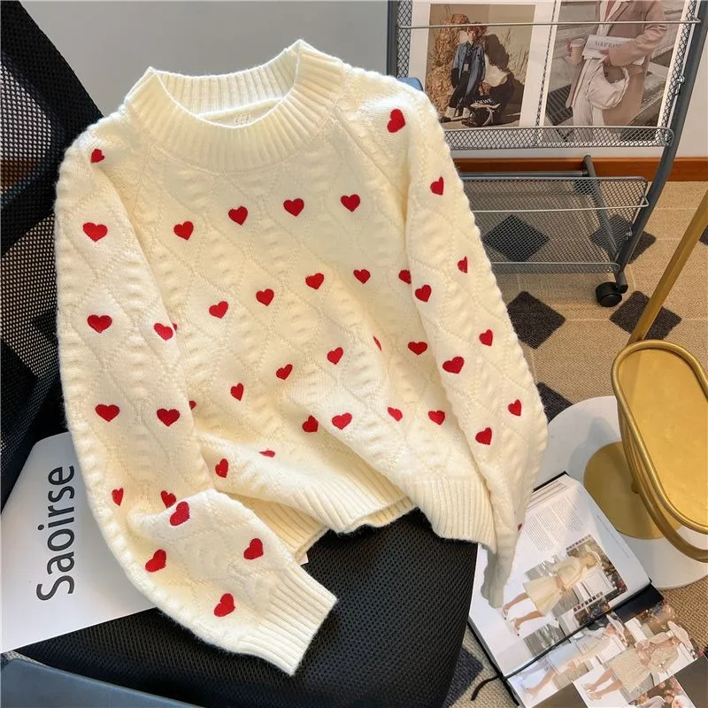 Elegant Design Love Pattern Sweater Women Versatile Knit Sweater Pullover Loose O-neck Slimming Autumn Winter Long Sleeve Top