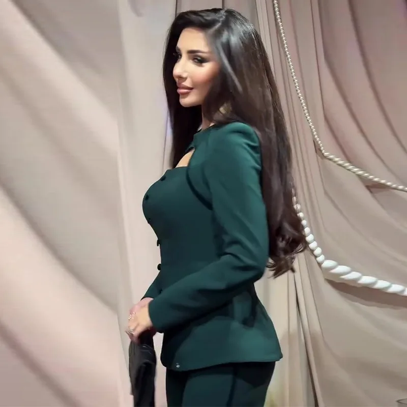 ヨーロッパ、アメリカ、アマゾン、冬の新作ファッション、上品なグリーンのウエストストレートパンツセット、海外貿易、越境婦人服