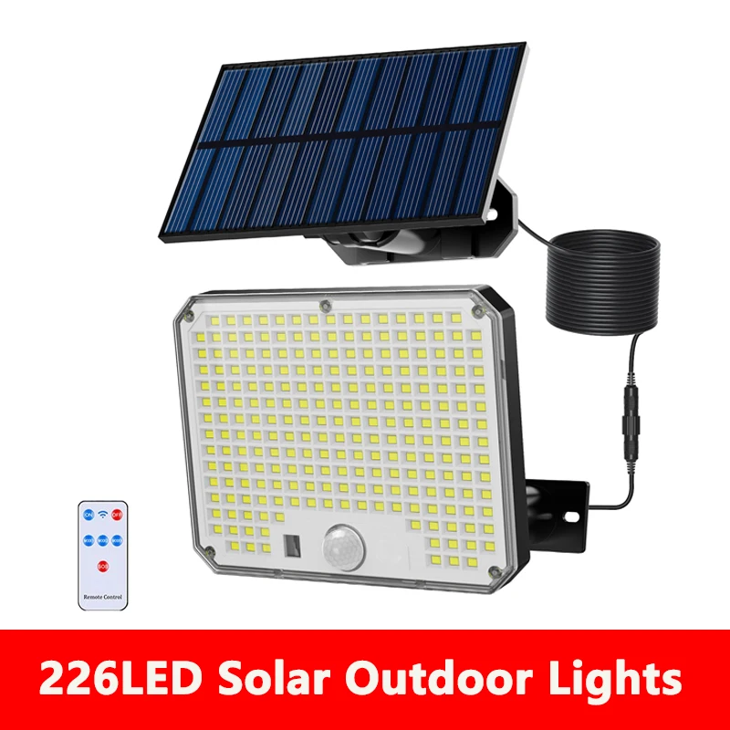 

226 светодиодных солнечных прожекторов, наружная отдельная панель, солнечный свет движения, 3 режима работы для сада, гаража, водонепроницаемые настенные светильники