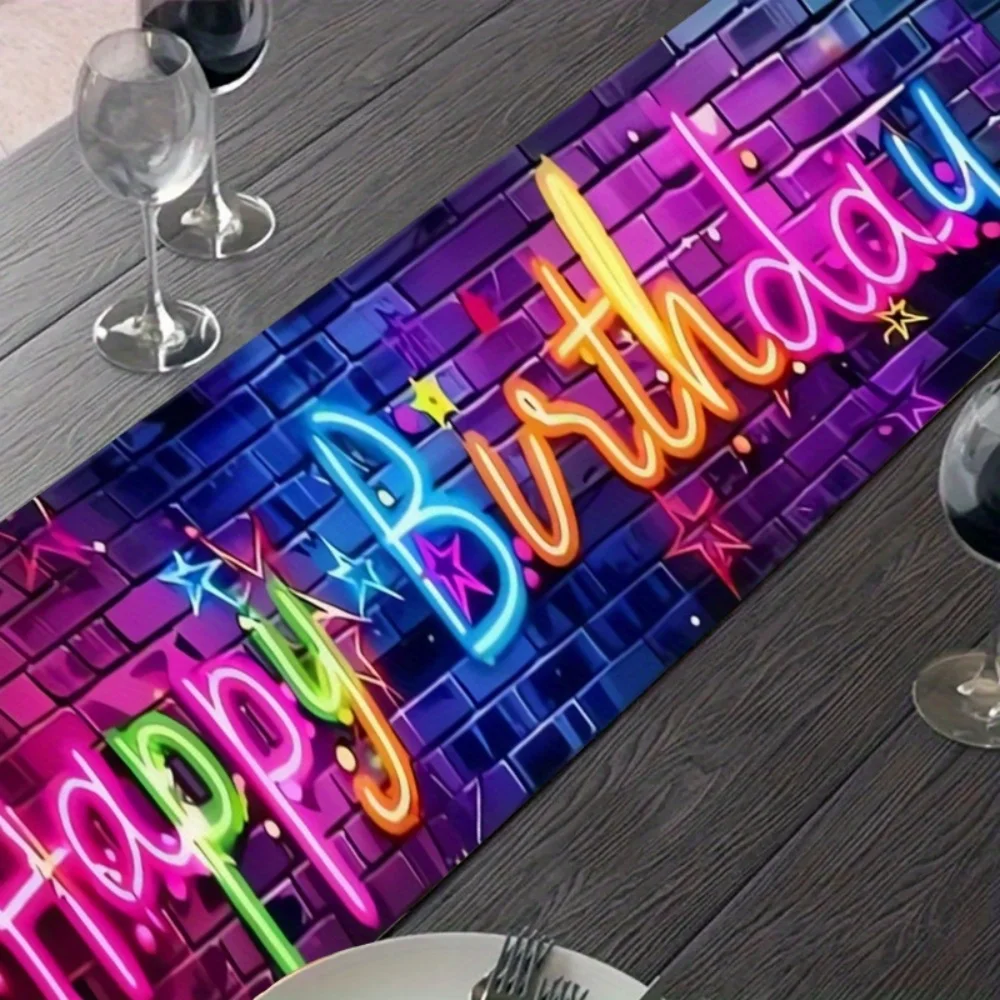 1pc Neon Glow Happy Birthday Table Runner - Vibrant Pink with 