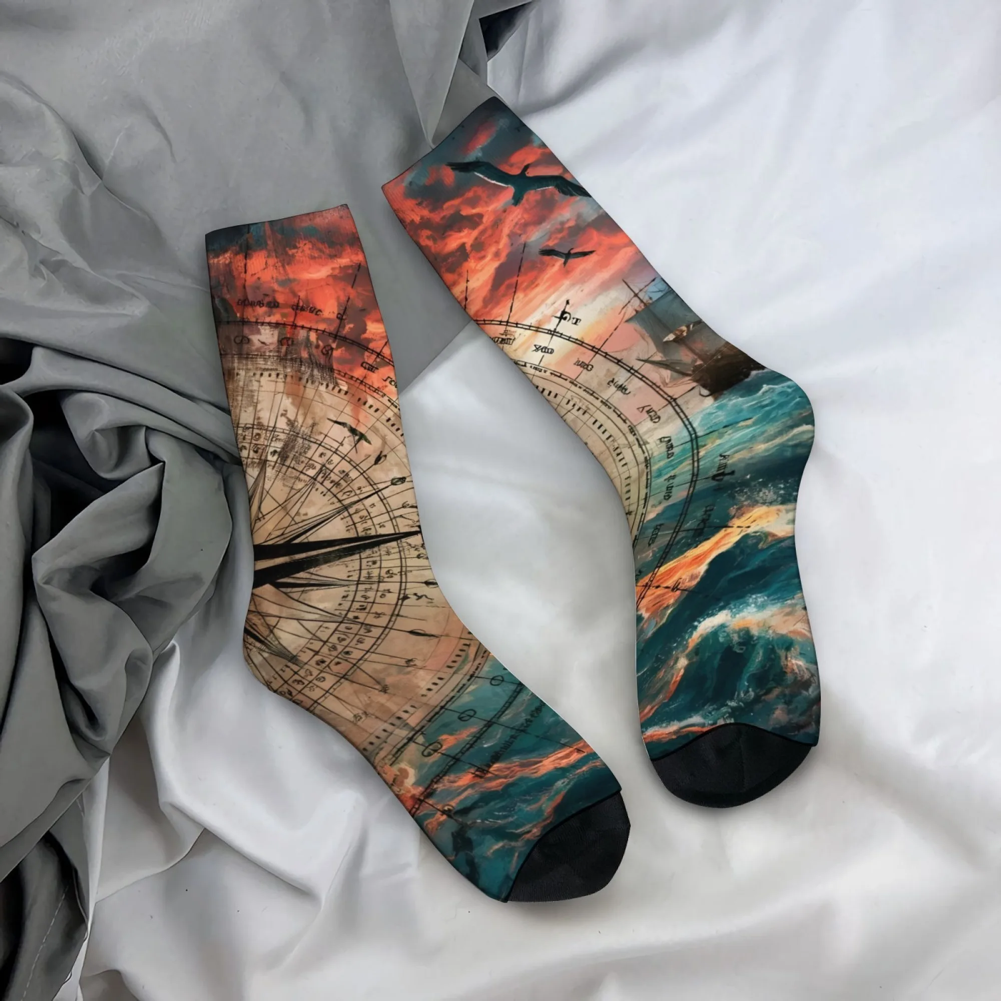 Retro Nautical Compass Socks Smooth Toe Reinforced No-pilling Men's Socks City Walks Festivals Street Cool Hip-hop Graphic Socks