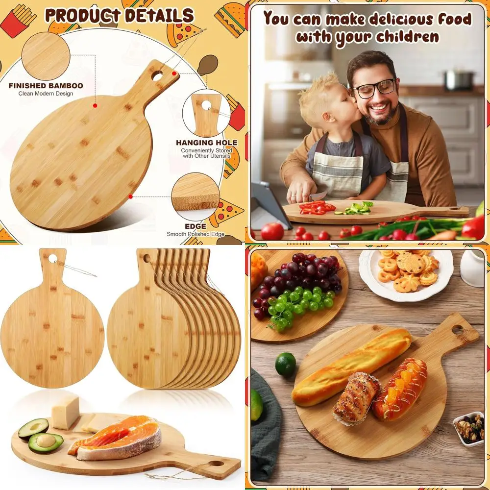 

12-Inch Bamboo Round Cutting Board with Handle - Set of 10 for Kitchen Use: Ideal for Pizza, Bread, Cake, Cheese, Fruits, Vegeta