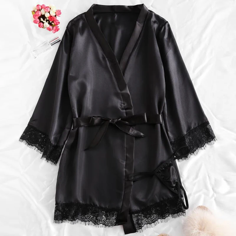 Black Sexy Women\'s Pajamas Satin 4-piece Lace Silk Suspender Tops Shorts Robe Pajamas Set Nightgown Underwear Nightdress Suit