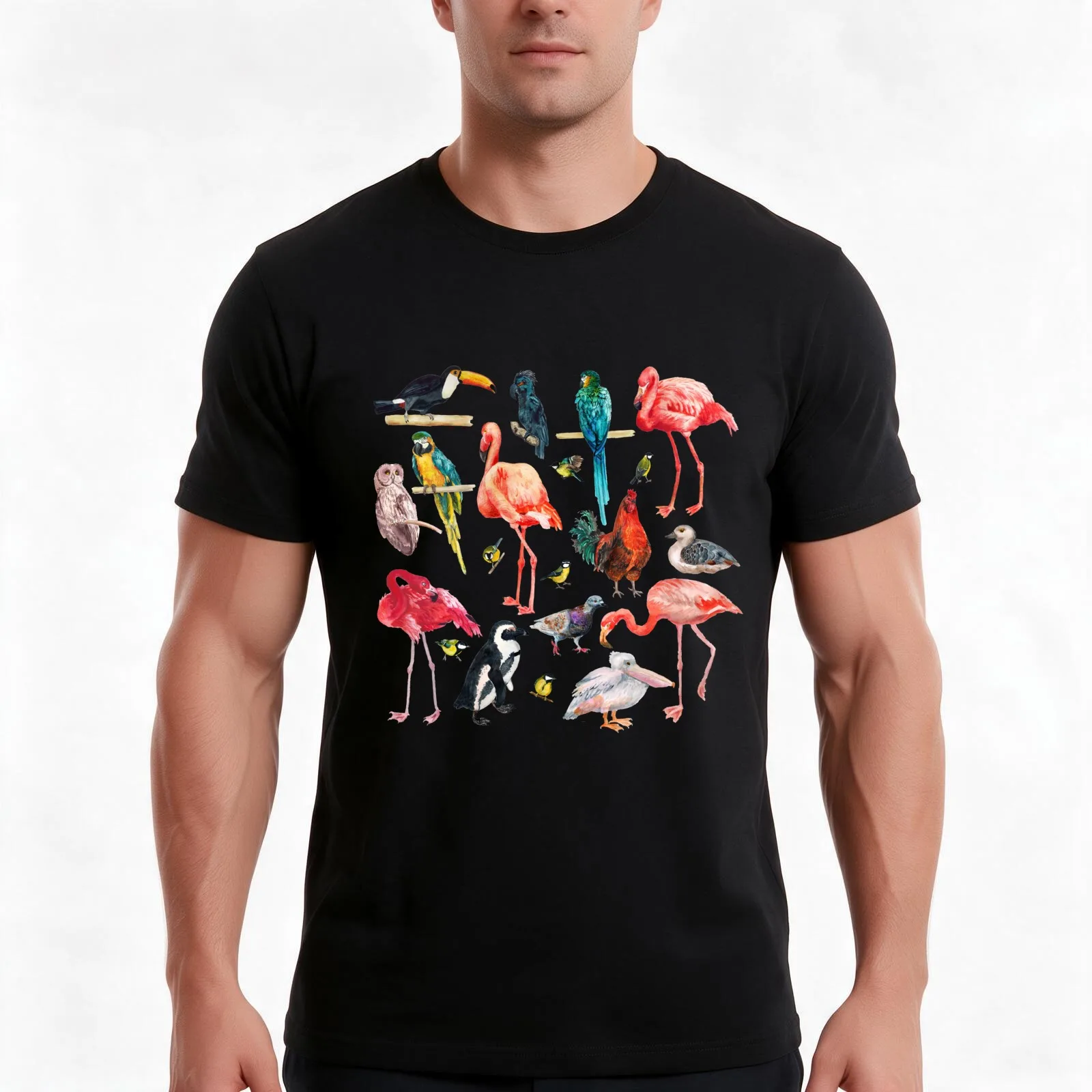 Beautiful Birds Watercolor Pattern - Pink Flamingo Parrot Toucan Owl Duck Rooster Penguin Bird Lovers Ornithologist Gift T-Shirt
