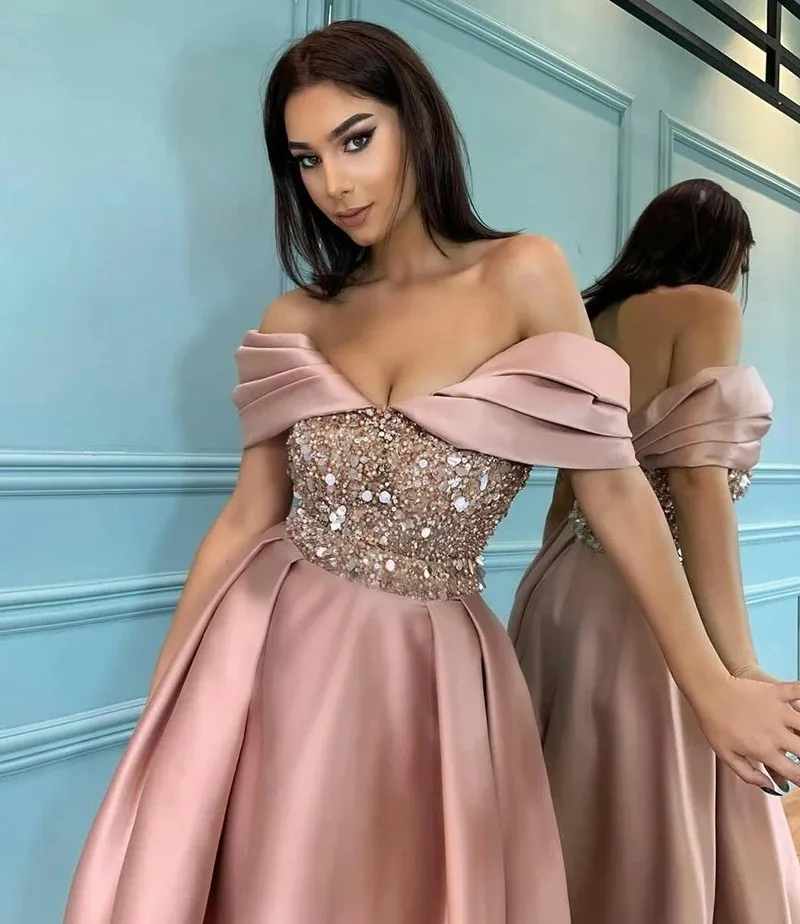 

ANGELSBRIDEP Pink Off-Shoulder Sequins Sexy Evening Dresses Tea Length Satin Prom Gowns Saudi Arabia Formal Brithday Homecoming