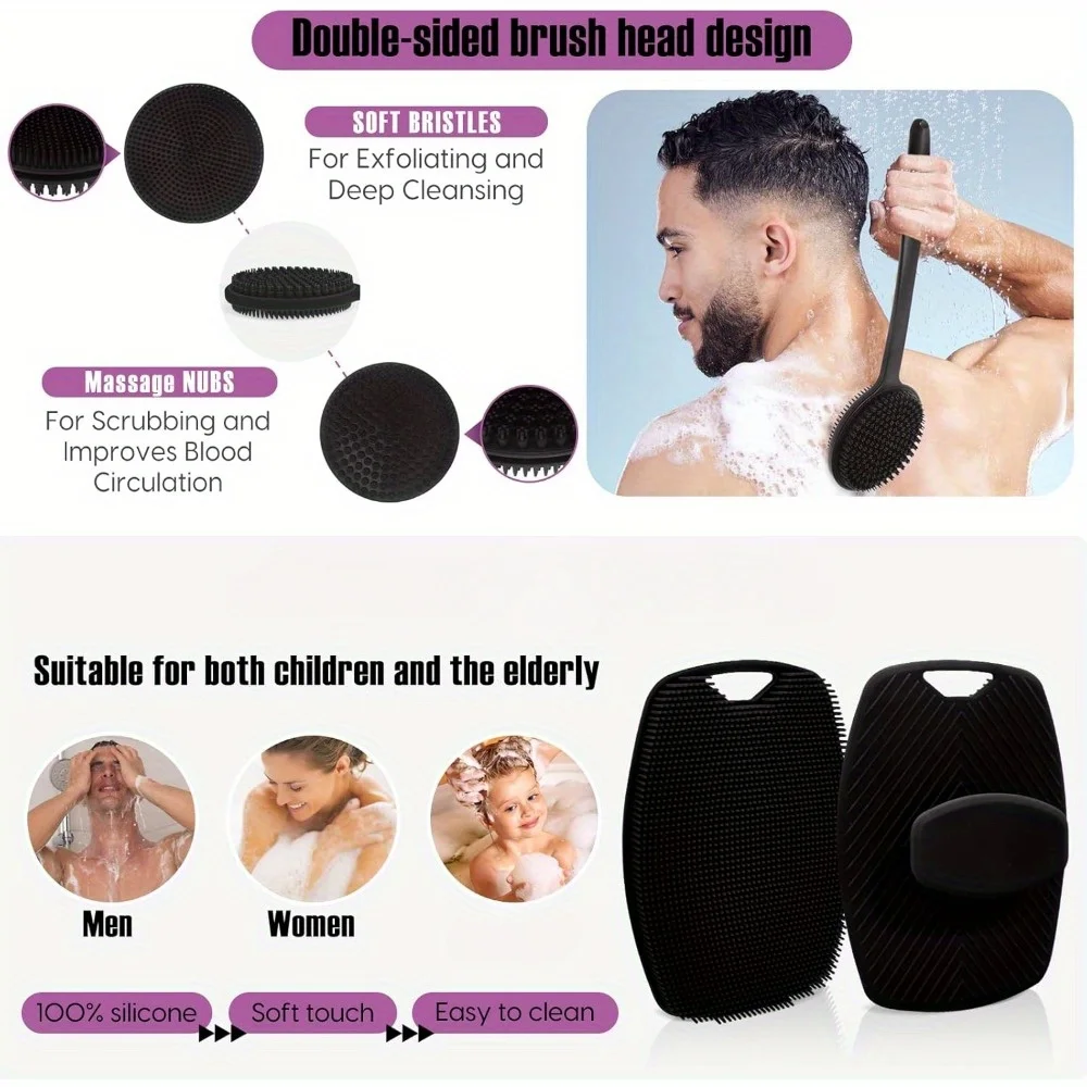 

2Pcs Shower Back Scrubber Exfoliating Bath Brush Gentle Exfoliation Body Shower Silicone Shower Brush Long Handle Bath Brushes