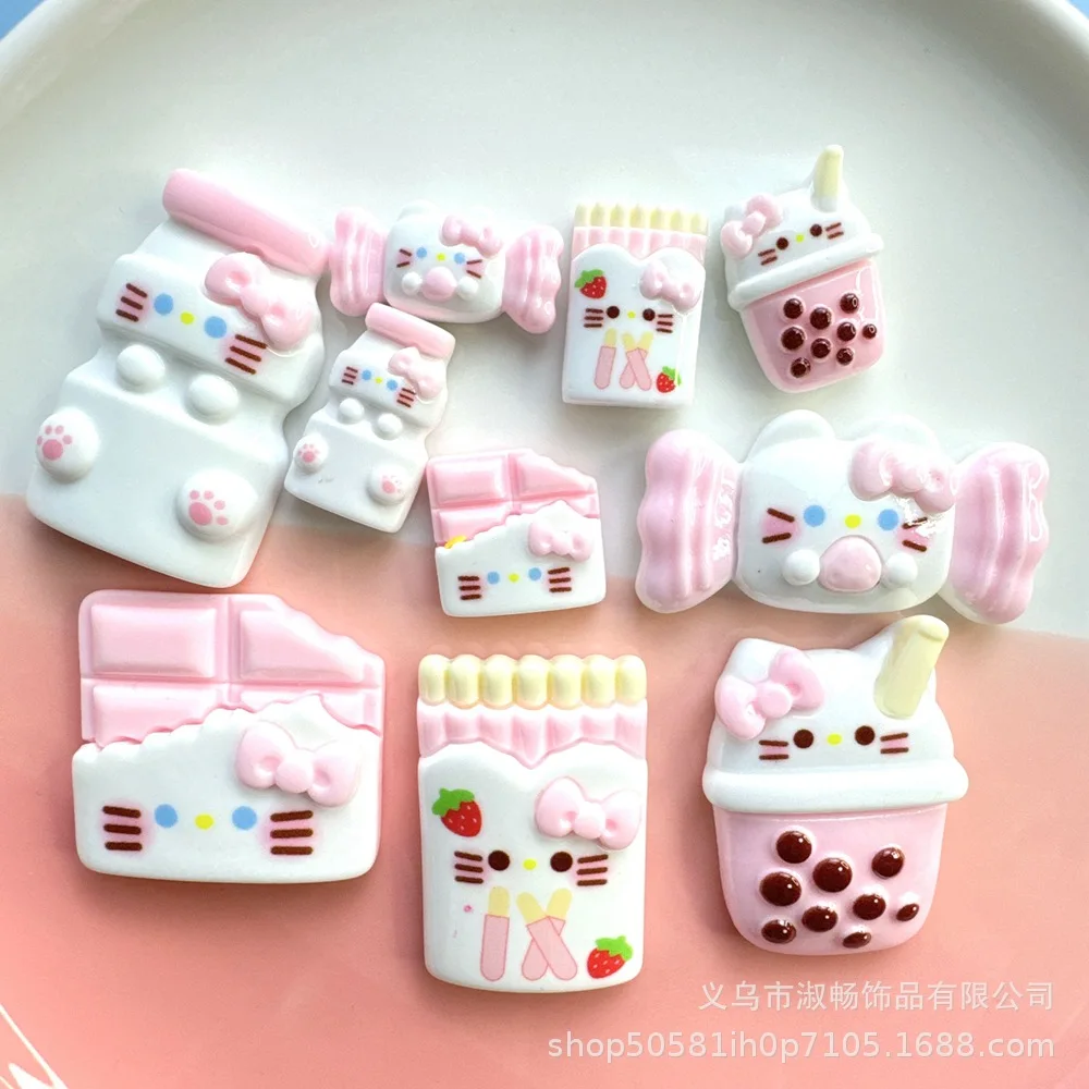 5pcs Medium size powder milk tea hello kitty cat cartoon figure miniature diy crafts supplies resin flatback cabochons