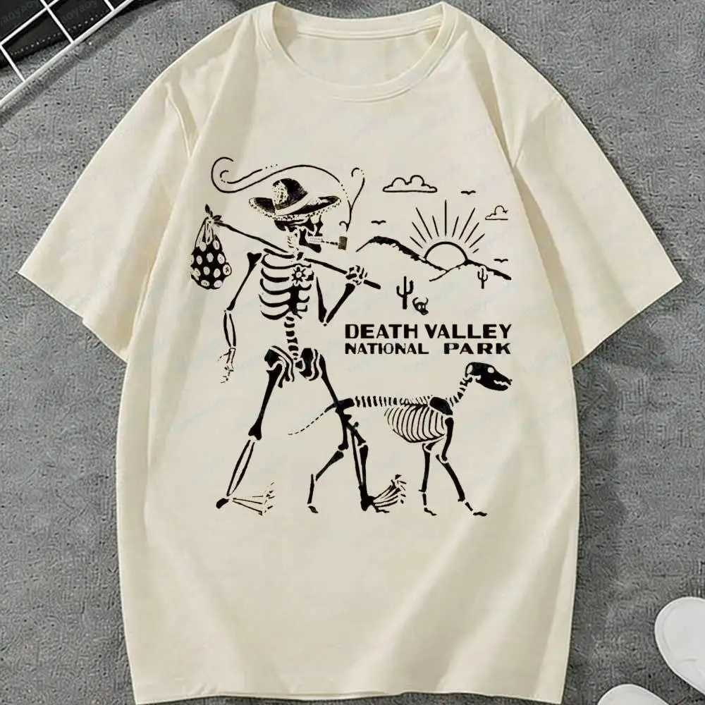 Funny Death Valley National Park T-Shirt Skeleton Dog Western Desert Graphic Retro National Park Hiking Shirt Casual Cotton Top