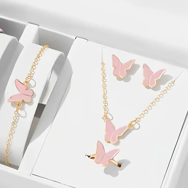 5PCS Necklace Earrings Ring Bracelet Sets for Women Jewelry Set Butterfly Pendants Bridal Wedding Party Jewelry Gift (No Box)