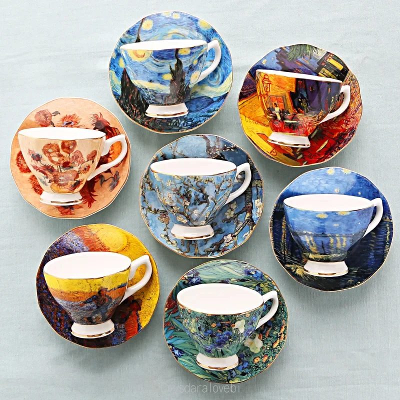 European Van Gogh Painting Bone China Ceramic Coffee Cups with Spoon and Tray Coffeeware Sets Home tea cups and saucer sets