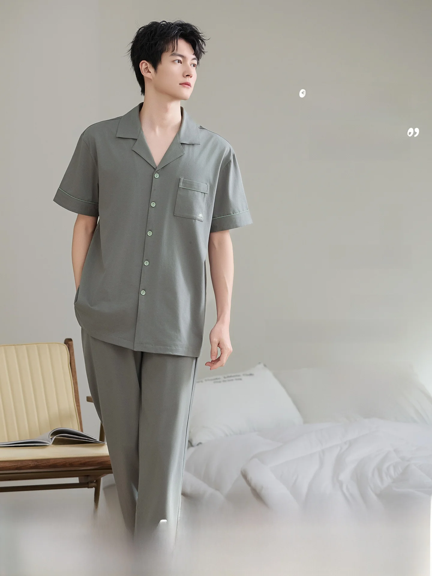 Pure Cotton Men's Sleepwear Short Sleeve Thin Three-piece Set Large Size Open Cardigan Home Clothes Set Breathable Cool Sensa...