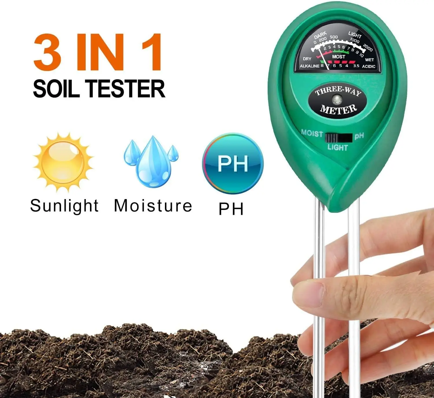 3 in 1 Soil PH Meter Sunlight PH Tester Garden Flowers Soil Moisture Sensor Meter Plants Acidity Humidity PH Monitor Detector