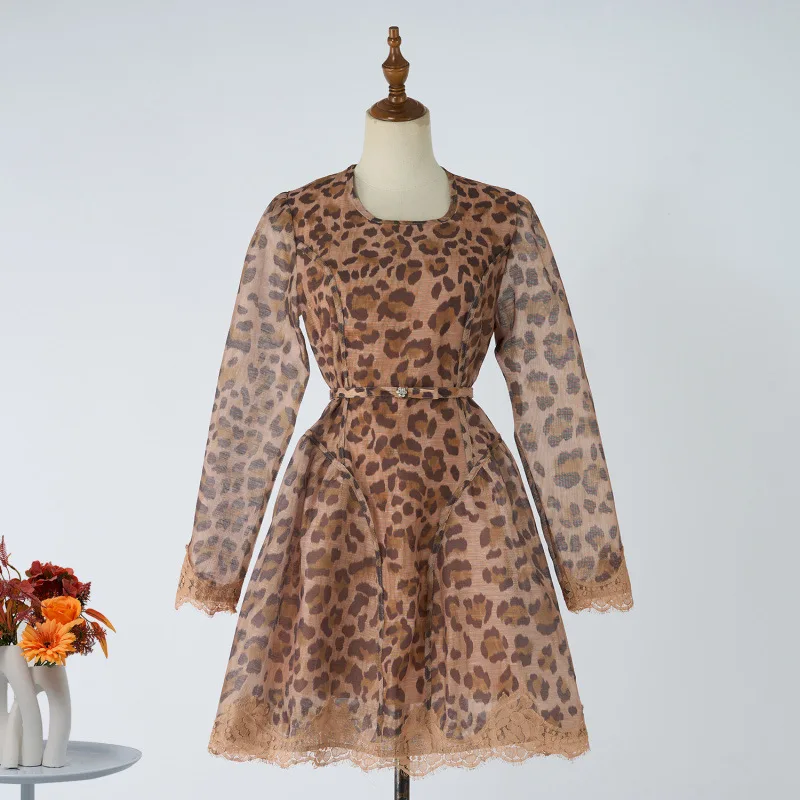 2025 تصميم أسترالي جديد طباعة الإحساس الحرير الكتان الخصر Cinching Dr High الخصر الشارع Sle طويل Sve Thiened Autu...