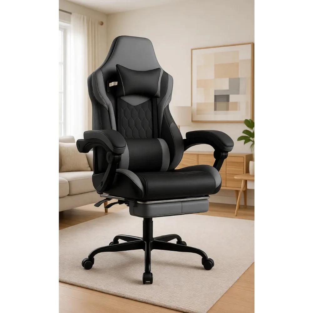 Ergonomic PVC Leather Gaming Chair with Footrest, Adjustable Lumbar Support for Comfortable Video Gaming