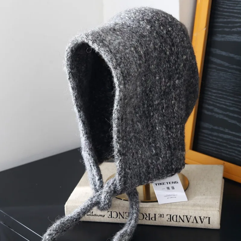 New Wool Blend Retro Mixed Color Pullover Hat Winter Lace Up Ear Protection Knitted Cap Women's Warmth Ethnic Style Bomber Hats