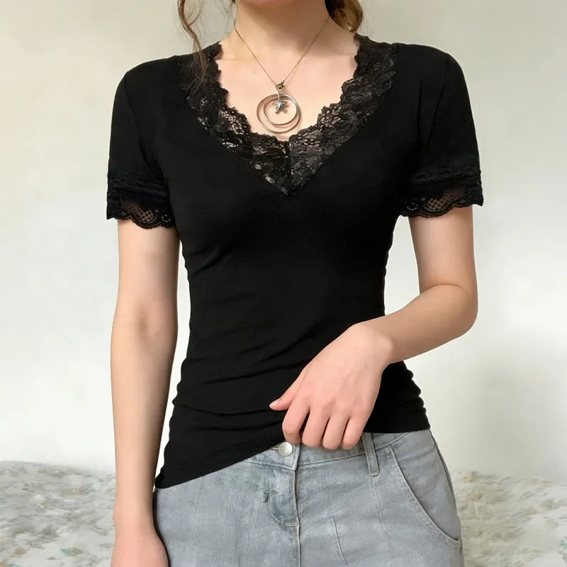Goth Dark Acubi Fashion Black Short Sleeve V-neck T-shirt Casual Women Bottoming Tops Mall Gothic Lace Stitch T-shirts Slim Tees