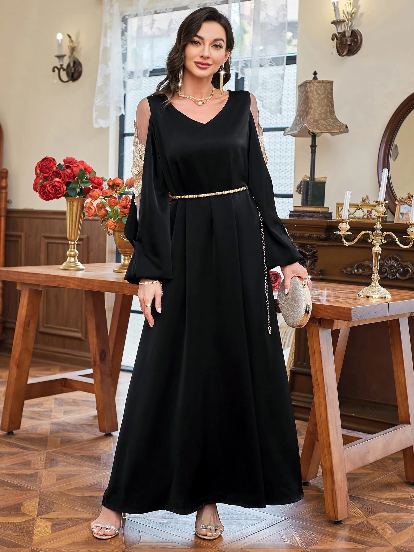 Maxi Dress for Women Black Hollow Out Mesh Embroidered Lantern Sleeve Arab Dubai Moraccan Caftan Elegant Party Robe Eid