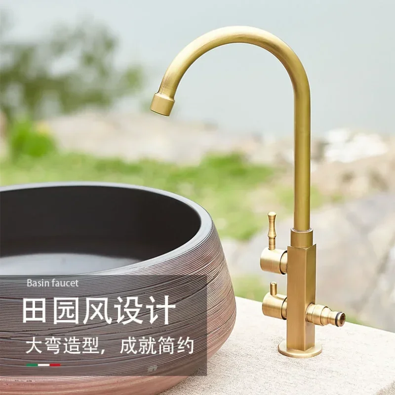 صنبور بارد فردي عتيق من النحاس بالكامل للفناء الخارجي، مضاد للتجمد، حوض غسيل عتيق، حوض غسيل، صنبور ثنائي الغرض