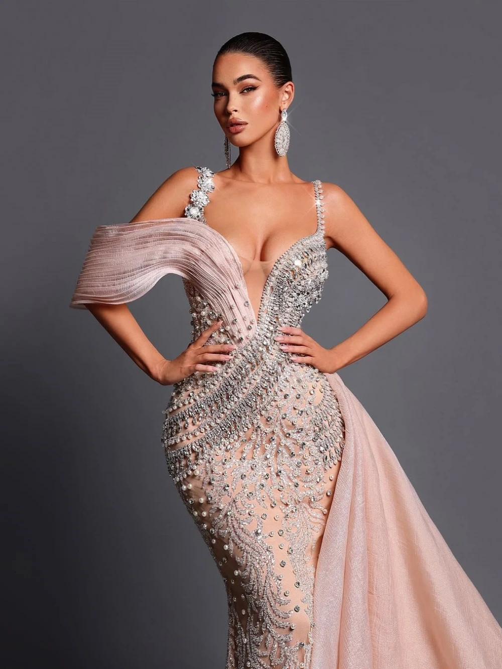 Sexy profundo decote em v sereia vestido de noite longo com trem lateral luxo frisado pérolas vestidos de baile personalizado vestido de cocktail para mulher