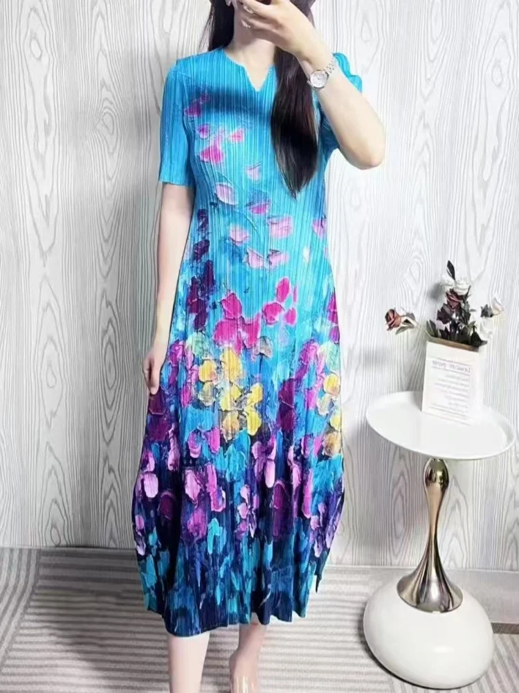 Miyake Pleated Skirt for Women 2024 Summer New Fashion Printed High-end Casual Short-sleeved V Neck Pleated Mid-length Dress