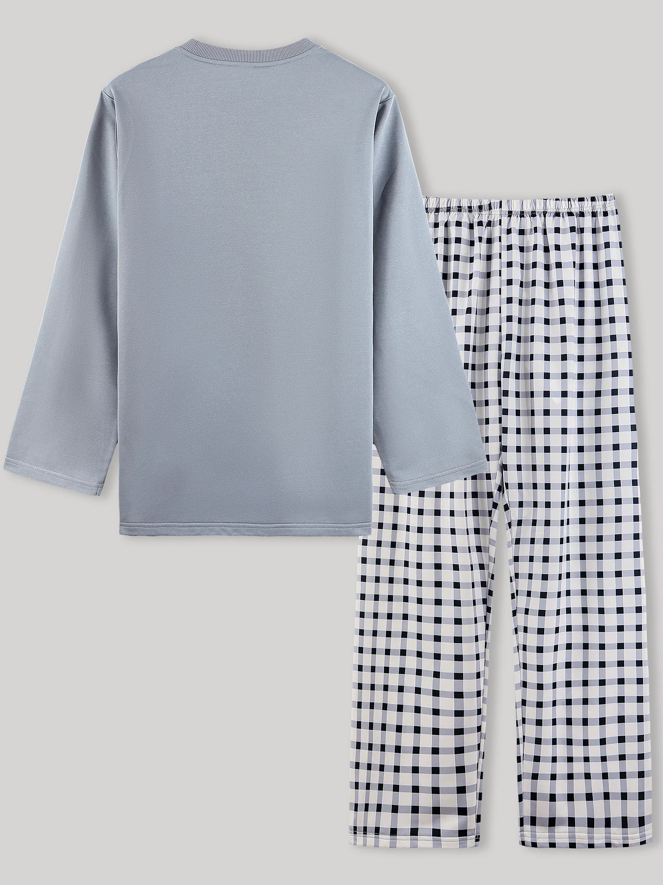 Men's Small Checkered Patchwork Pocket Pajama Set: Round Neck Long-Sleeve Soft Knit Top + Elastic Waist Plaid Long Pants Casual Home Sleepwear Set view 2