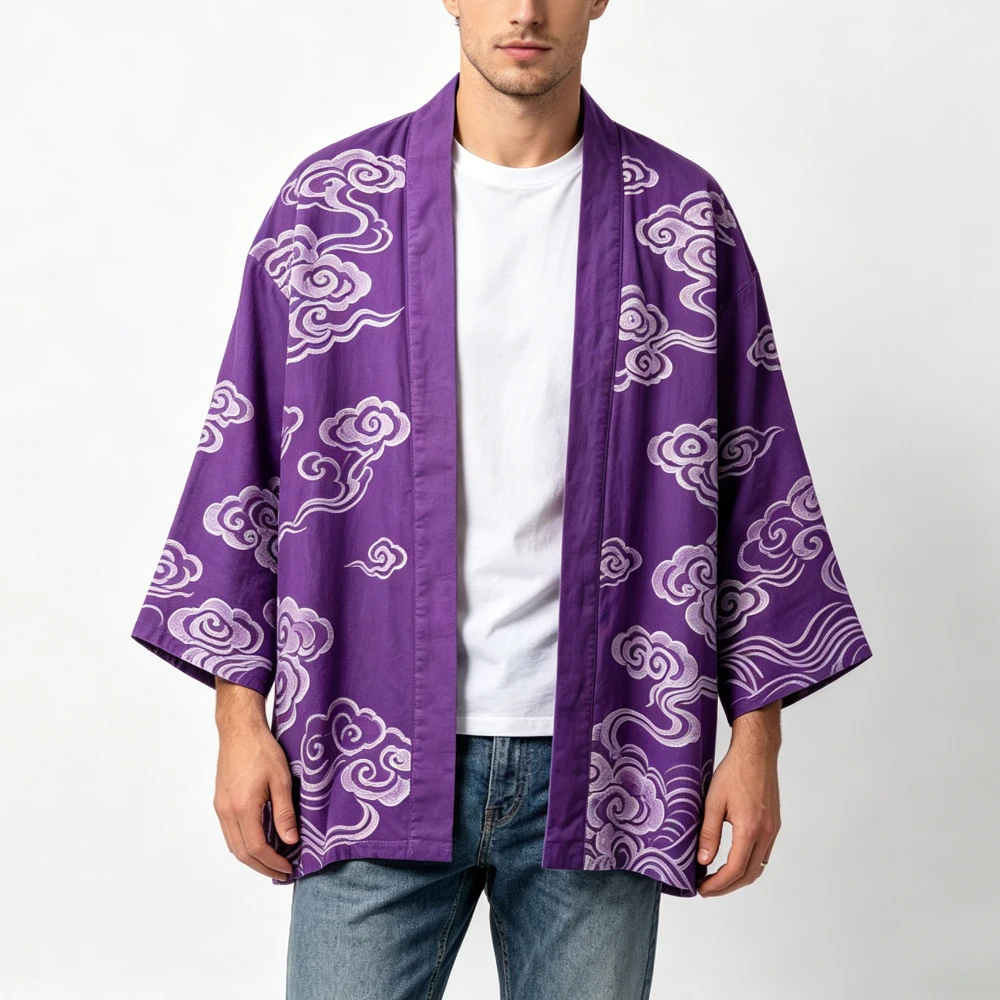 Cotton Japanese Kimono Robe for Women Men Clouds Crane Print Yukata Coat Loose Fit Open Front Cardigan Boho Cover Up Home Beach view 2