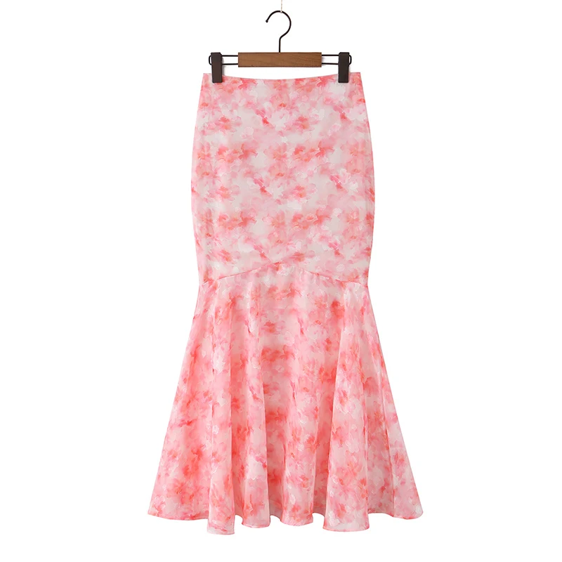 New Women French Retro Printed Package Hip Mermaid Maxi Skirt Sexy Elegant Party Skirts
