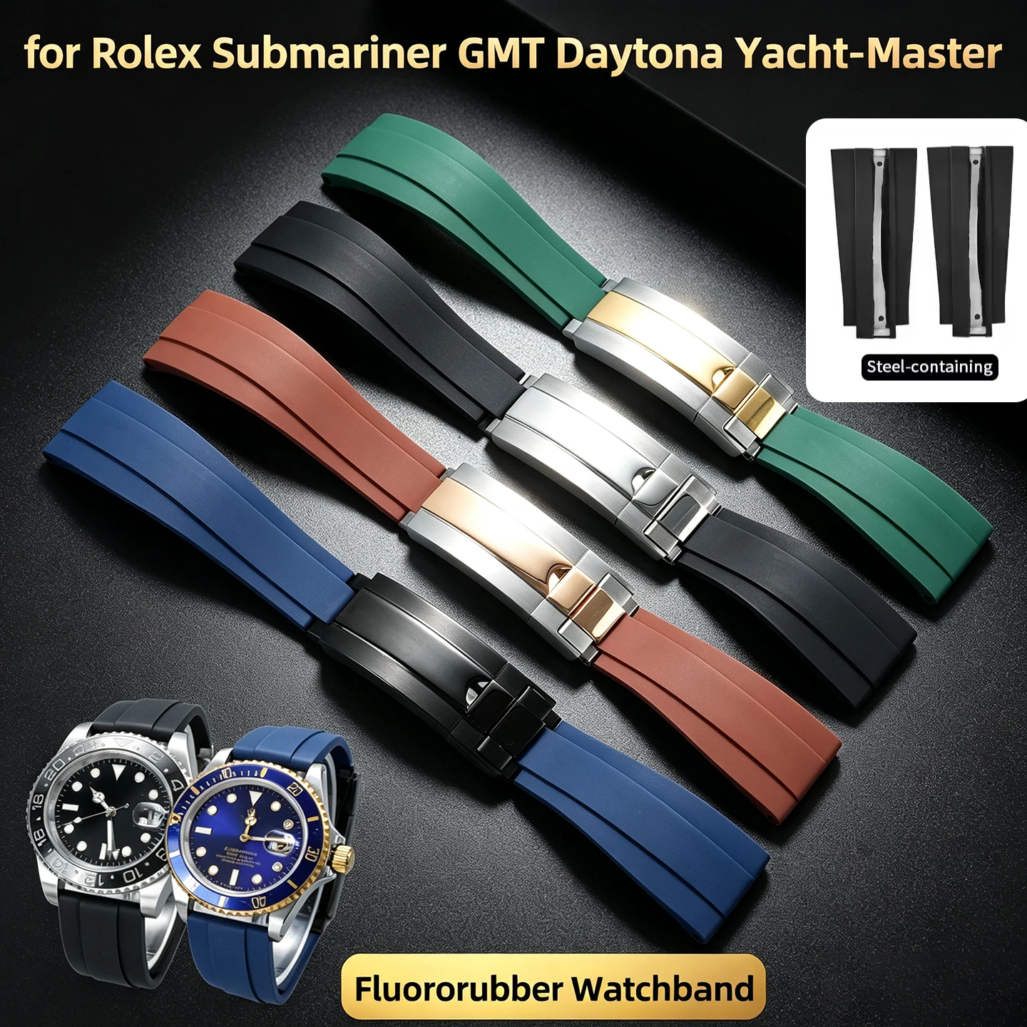 20mm Soft FKM Fluororubber Watch Strap Slider Buckle For Rolex Submariner GMT Daytona Yacht-Master Oysterflex Replacement Band