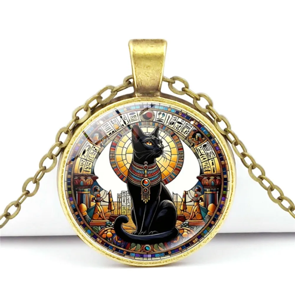 Alte ägyptische Geometrie Kreis Buster Katze Zeit Edelstein Anhänger Halskette für Frauen Retro Pullover Kette Tier kreativer Schmuck
