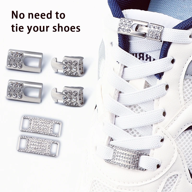 No Tie Shoe Laces Elastic Laces Silver Diamond Buckle Sneakers Tennis Shoelaces Without Ties Flat Shoelace for Shoes Accessories