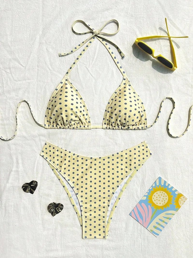 bikini sexy con stampa a pois halter set due pezzi cravatta posteriore costumi da bagno a vita alta Costumi da bagno conjunto de bikini biquini tankini