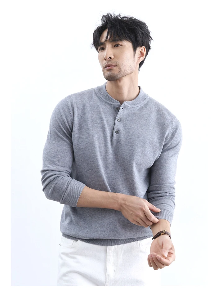 

American Sle Hard Man Knitted Henry irt Men's Silk Cotton Slim Long Sve Sweatirt f Buttoned Plaet irt