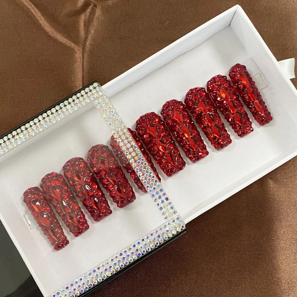 Uñas acrílicas brillantes con diamantes de imitación, uñas de Gel UV hechas a mano, 10 piezas, diseño de salón de belleza